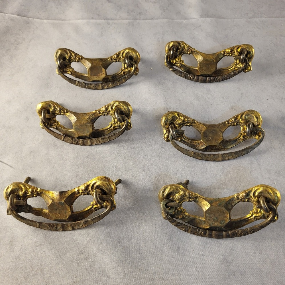 Set of 6 Vintage Ornate Brass Drop Bail Drawer Pulls Dresser Hardware 4"